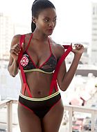 Female fire fighter, playful lingerie set, open crotch, lace cups, suspenders
